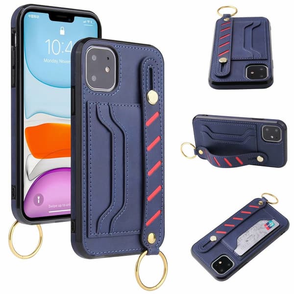 Etui til iPhone 13 blå håndleddsrem multifunksjon kortspor lær