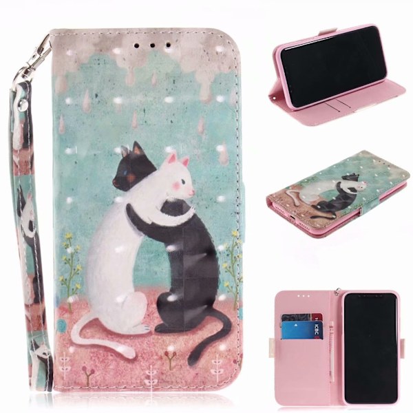 Etui til iPhone 13 Pro sort og hvid kat malet læderprint tegneserie kort slot pung