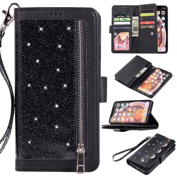 Etui til Samsung NOTE 8 svart Glitter Multifunksjonell Glidelås Lommebok