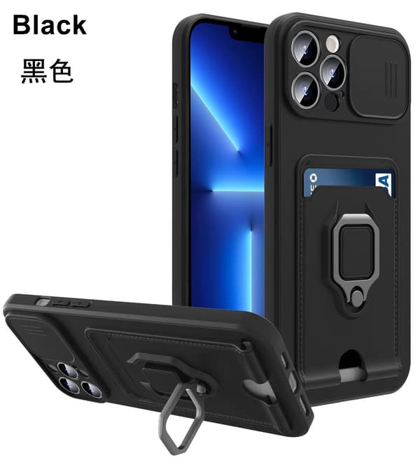 Etui til iPhone 13 Pro svart multifunksjon skyvevindu ring kortholder