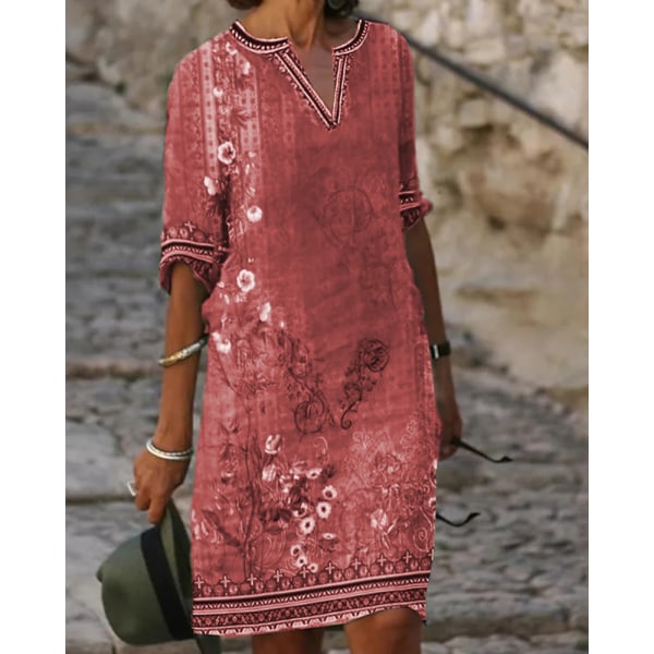 Etnisk print afslappet kjole med V-hals Red 5XL