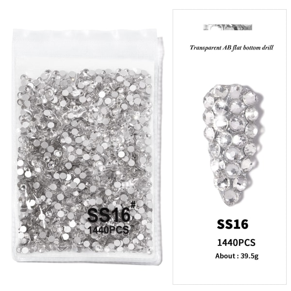 Negledekorasjoner for Nail Art Botting Drill Transparent AB Diamond DIY-dekorasjoner Gullbunn Sølvbunn SS16 White Diamond (4.0)1440