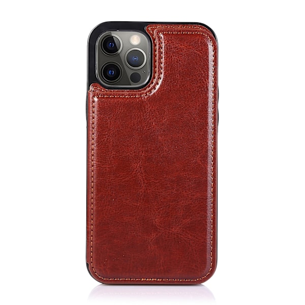 iPhone 15 Pro ruskea magneettikorttipidike, jossa on kiinteä sivutarra
