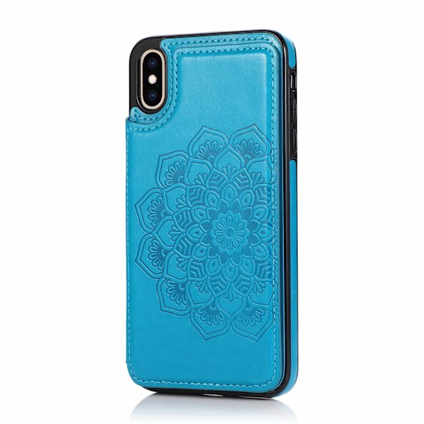 Etui til iPhone 14 Pro blå præget mandala dobbelt spænde kortholder pung