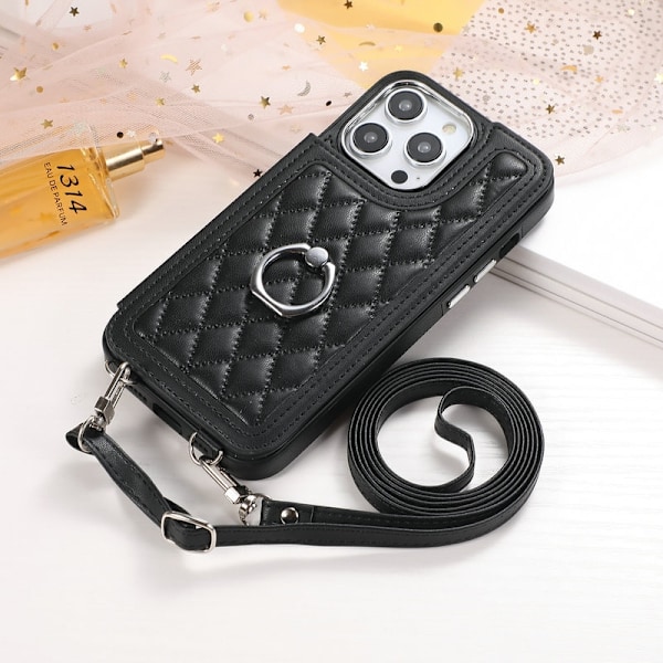 Etui til iPhone 14 Pro sort [lang snor] passende rombe læder crossbody pung anti fald
