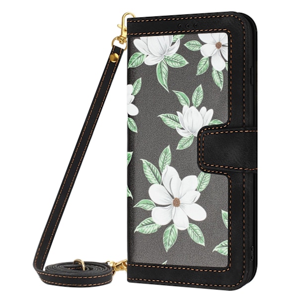 Etui til iPhone15Plus sort med lange og korte snore, trykt læder flip card crossbody blomster pr