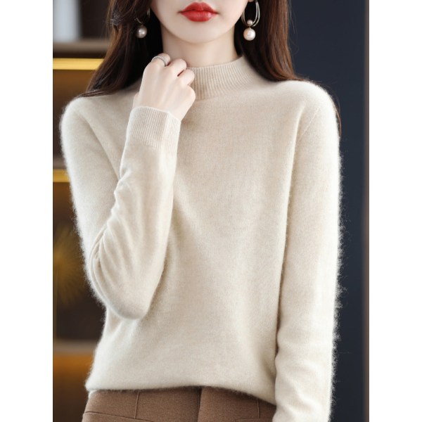 Damestrik efterår vinter sweater Uld sweater med almindelig kernegarn halv rullekrave Beige M