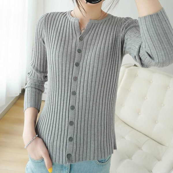 Strikkevarer for kvinner Høst-vintergenser i koreansk stil, strikket cardigan med bred stripe, slim-fit-jakke Gray S