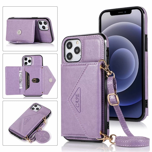Kotelo iPhone 14 Pro Max -puhelimelle, violetti kolmio, crossbody-korttipaikka, kaulanauha, kirjekuori, nahkalompakko