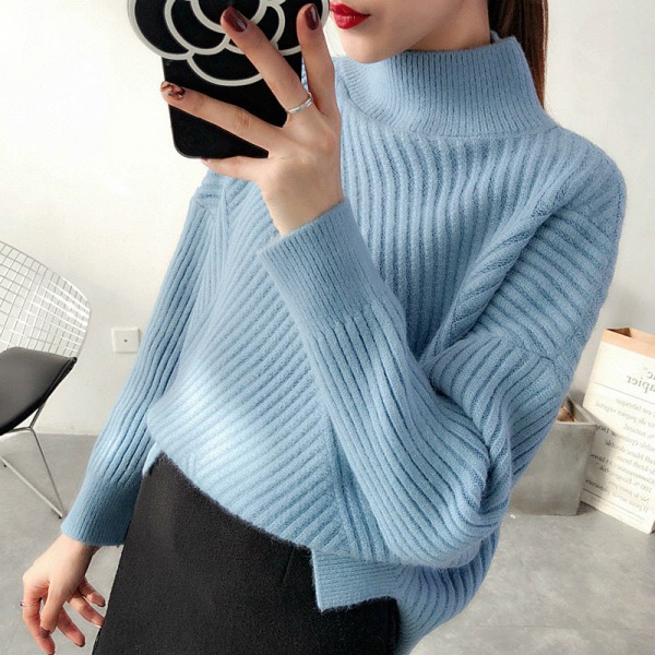 Kvinder Strik Efterår Vinter Sweater Pullover Halv rullekrave Løs skjorte med rund hals Light Blue 58*105*45cm