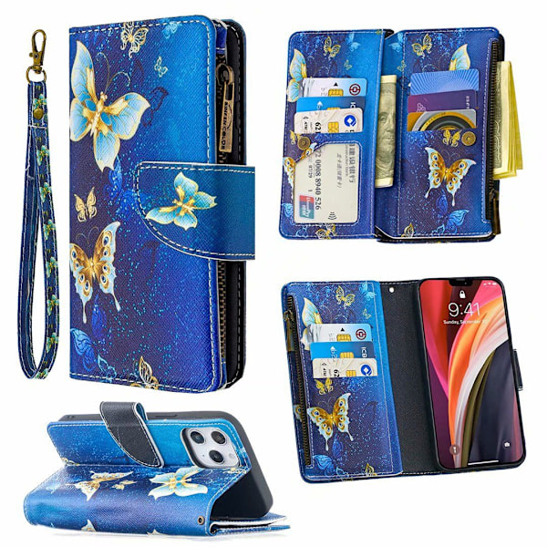 Etui til iPhone 13 Mini Guld Sommerfugl malet lynlås læder multi funktion kort slot pung m