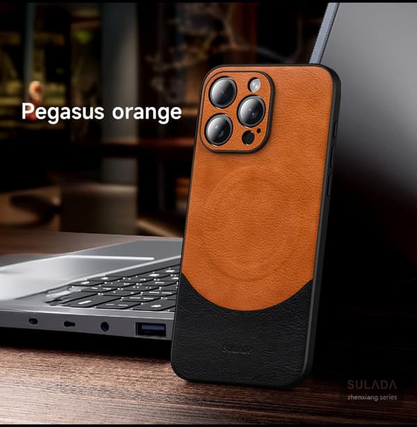 Fodral för iPhone 14Pro orange magnetisk imitation kohud plånbok