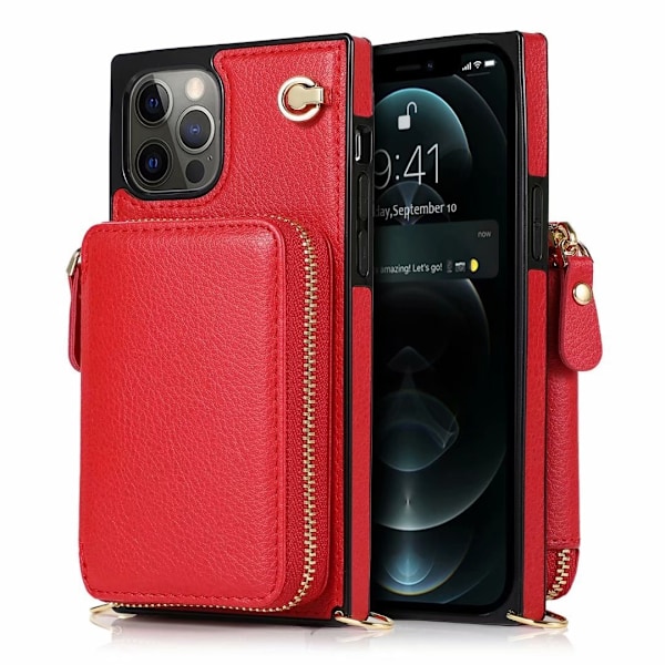 Kotelo iPhone 13 Pro Max punainen crossbody iso vetoketjullinen korttipaikka lompakko nahkainen kaulanauha