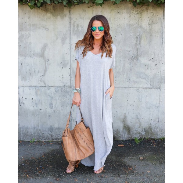 Lång klänning Rak kjol V-ringad Pocket Split Dress Deep sky blue M