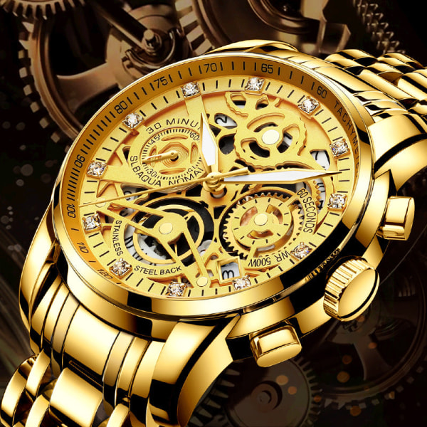Men Watches Hollow Quartz Light Waterproof Non-Mechanical Gift fully Golden
