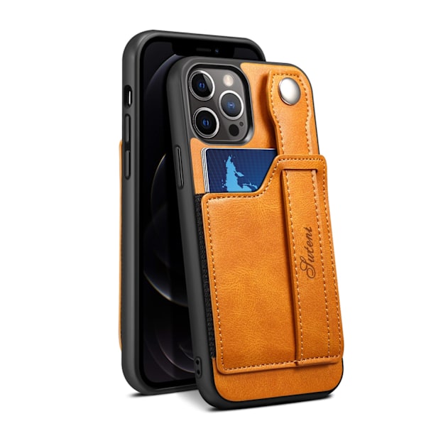 Fodral för iPhone 13 Khaki kortplats läder handledsrem baksida