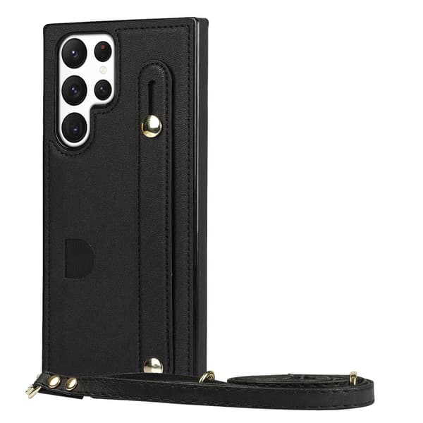 Etui til iPhone 15 Pro Max, svart håndleddsstropp, crossbody-stativ, lær