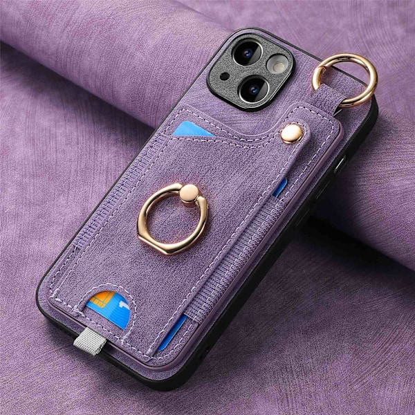 Kotelo iPhone 14:lle, violetti korttipidike, sormirengas, solki, PU-nahka