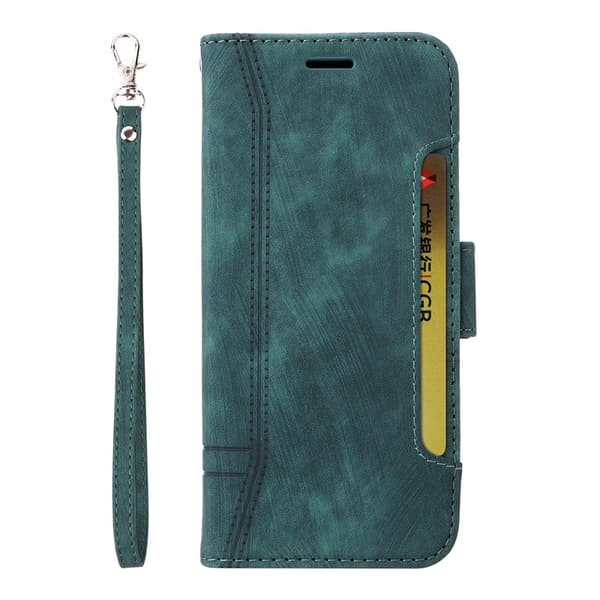 Etui til iPhone 13 Pro Grønn sidekort skinn stor håndstropp solid side