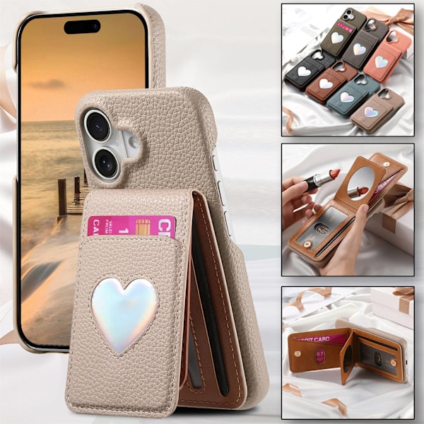 iPhone 13 -kotelo, khaki, japanilainen ja korealainen pieni kirkas nahkainen laser-sydänpeili