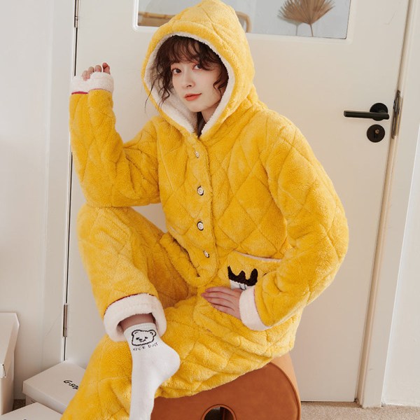 Vinter trippel fortykket og fleecebomull Plus-størrelse isolerende plysj pyjamas for damer yellow XL