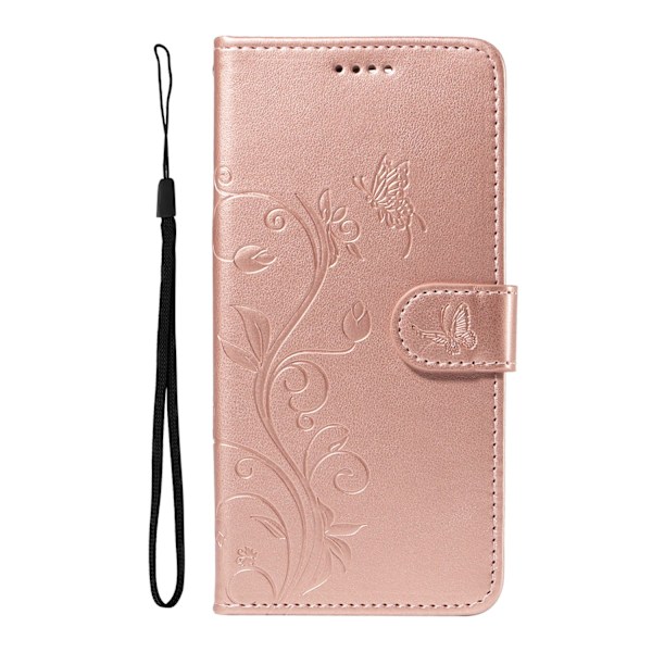 Fodral för iPhone 13 Pro Roséguld svart snodd präglat läder aprikosträd flip kortplats