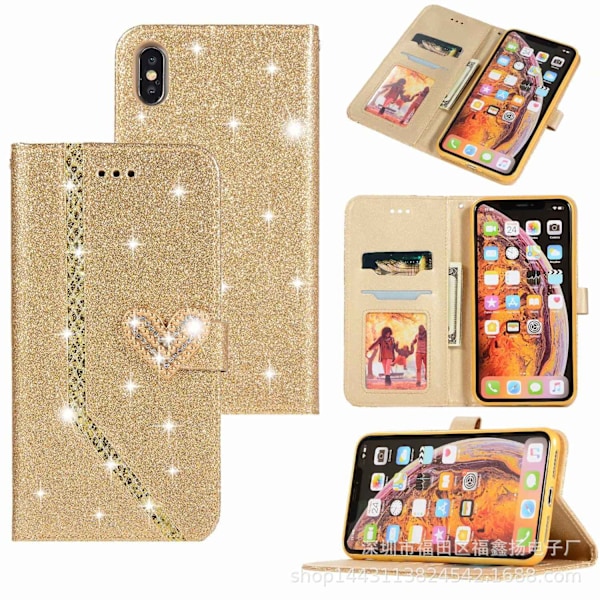 Kotelo iPhone 13 Pro -puhelimelle, kultainen sydän, huntu, glitter, timantti, korttipaikka, lompakko, nahka