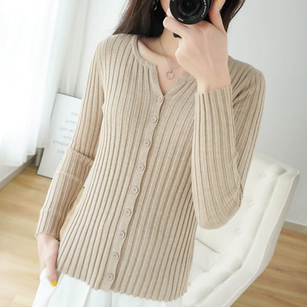 Damestrik efterår vinter sweater i koreansk stil bredstribet strik cardigan slim-fit jakke Camel M