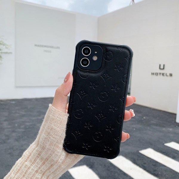 Etui til iPhone 14 sort trendy mærke gammel blomstersticker læder blød