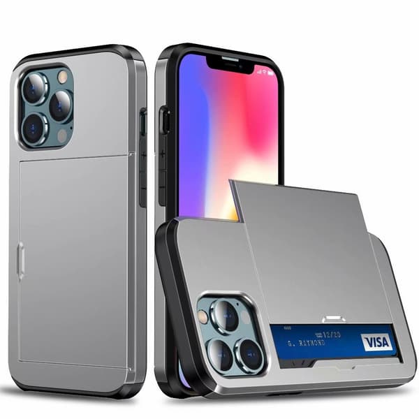 Kotelo iPhone 16:lle, harmaa liukukorttipidike