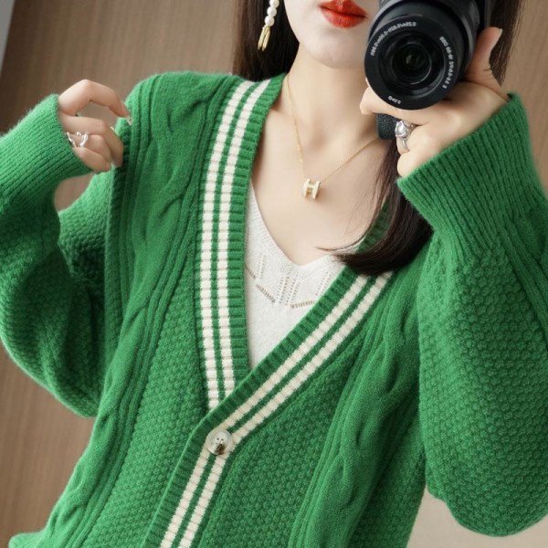 Damestrik efterår vinter sweater V-hals tyk strik cardigan løs kabelstrikket sweater frakke Green XL