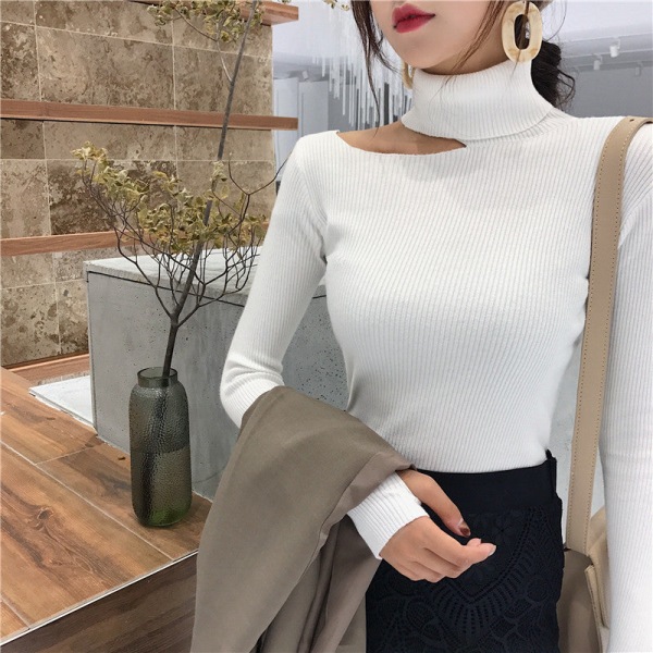 Strikkevarer for kvinner Høst Vinter Genser Kjernespunnet Halv Turtleneck off-Soulder Scheming off-Shoulder White M