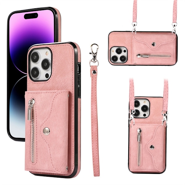 Etui til iPhone 14 Pro 6,1 tommer rosaguld [kort snor crossbody snor] passende harmonika kortholder