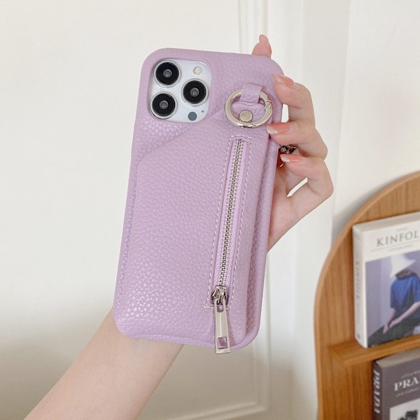Etui til iPhone 14pro lychee mønster møntpung kortholder lilla japansk og koreansk