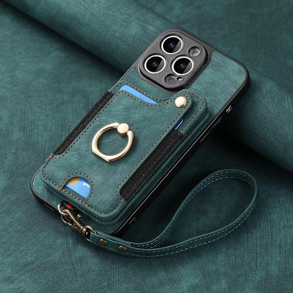 Fodral för iPhone 15 Plus grön [med läderrem] stöldskydd borstring spänne multifunktionell