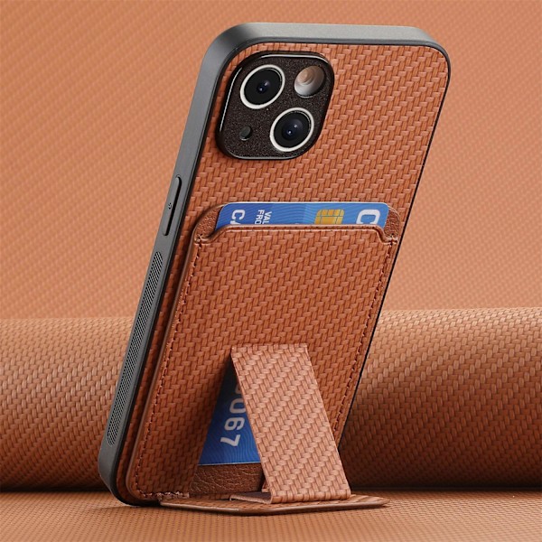 Etui til iPhone 15 brun multi-vinkel beslag kulfiber tekstur kortindsættelse skin fine hul