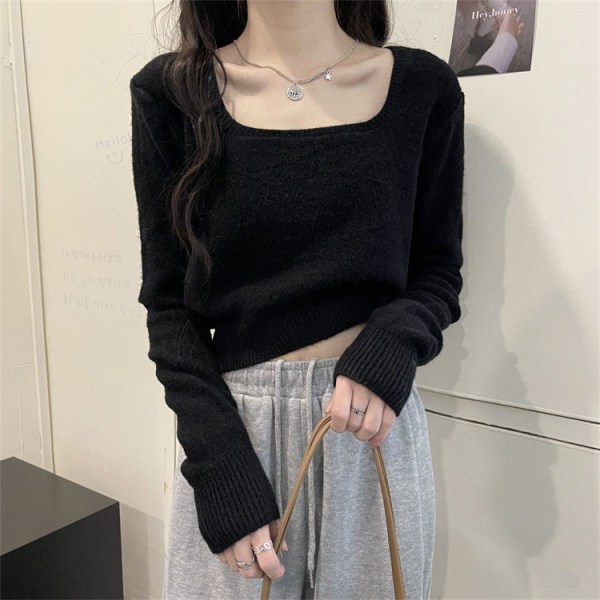 Kvinder strik efterår vinter sweater Firkantet krave kraveben Slim Fit Slankende langærmet top Black 44*84*65cm