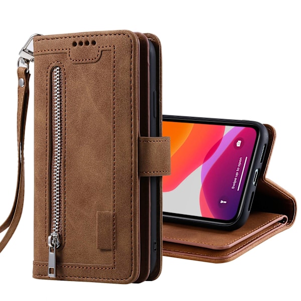 Etui til iPhone 14 Brun Retro Lynlås Ni Kort Beskyttende Tegnebog Magnetisk Læder