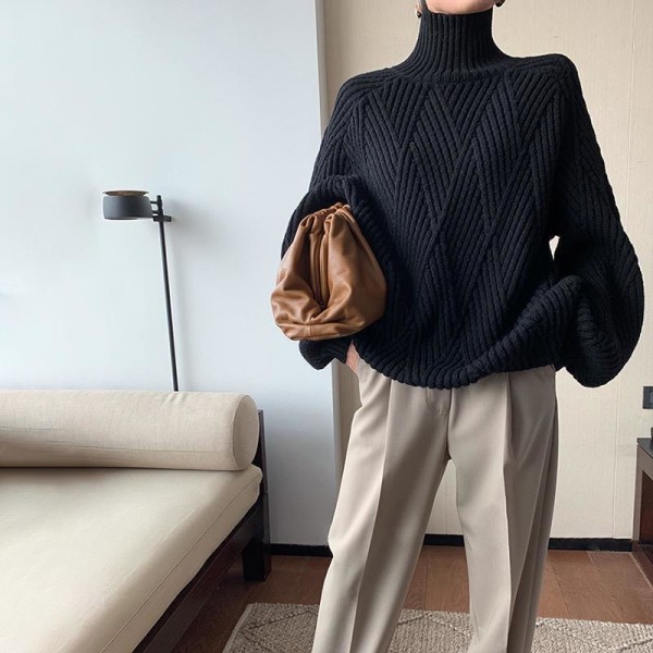 Naisten Neuleet Syksy Talvi Neule Idle Style Turtleneck Neulepusero Sisäkäyttö Paksu Löysä Ulompi Beige L