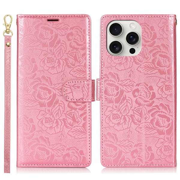 Kotelo iPhone 15 Pro:lle, vaaleanpunainen, kohokuvioitu kamelia, nahkaa, kohokuvioitu retrokukka, kaulanauha, korealainen