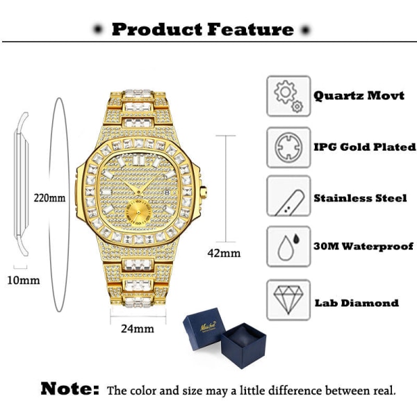 Herrklockor Punk Hip Hop Full Diamond Watch present Black