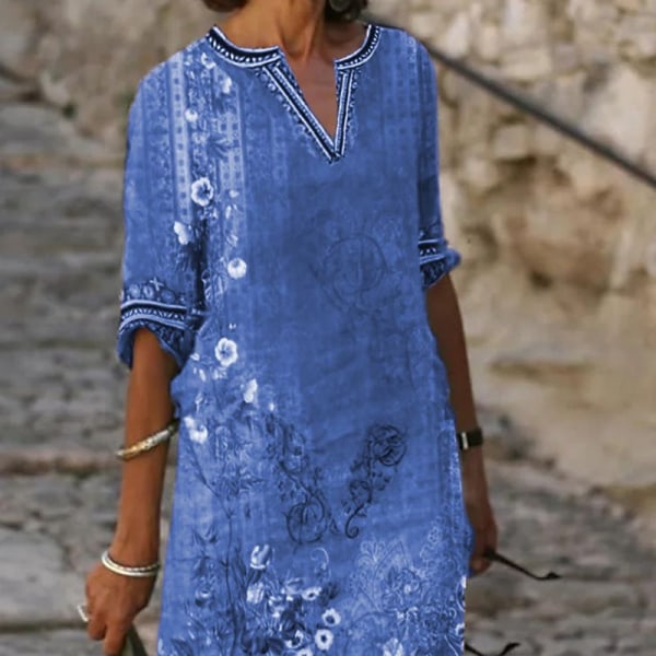 Etnisk print afslappet kjole med V-hals Blue 4XL