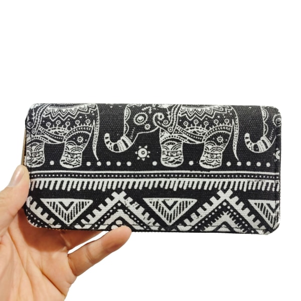 Elefant tegneserie Etnisk stil lang lærred tegnebog clutch tegnebog kortholder Black