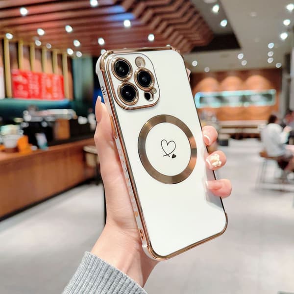 Etui til iPhone 17 Ivory magnetisk galvaniseret dobbelt hjerte