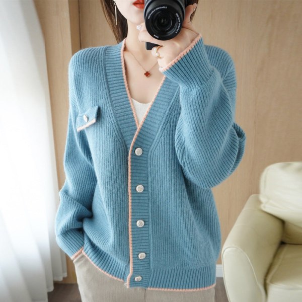 Kvinnor Stickad Höst Vinter Tröja V-ringad Faux Pocket Stickad Cardigan Ytterkläder Tröja Coat Fresh blue M