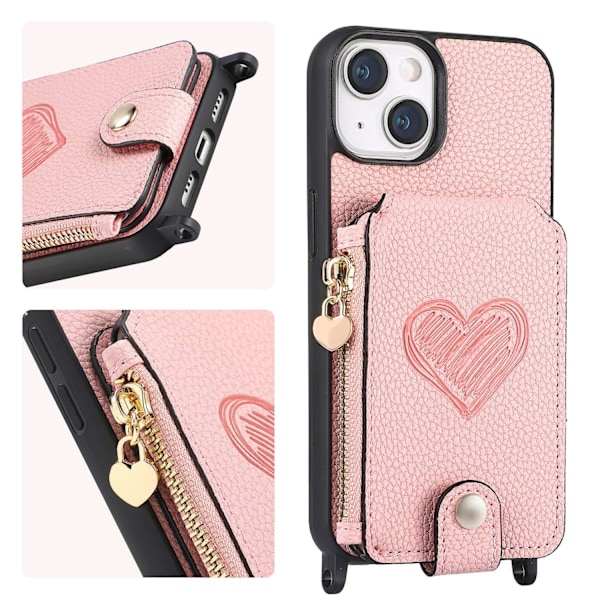 Etui til iPhone 15 Plus pink med lang snor, lychee-mønster, kortholder, crossbody fashion