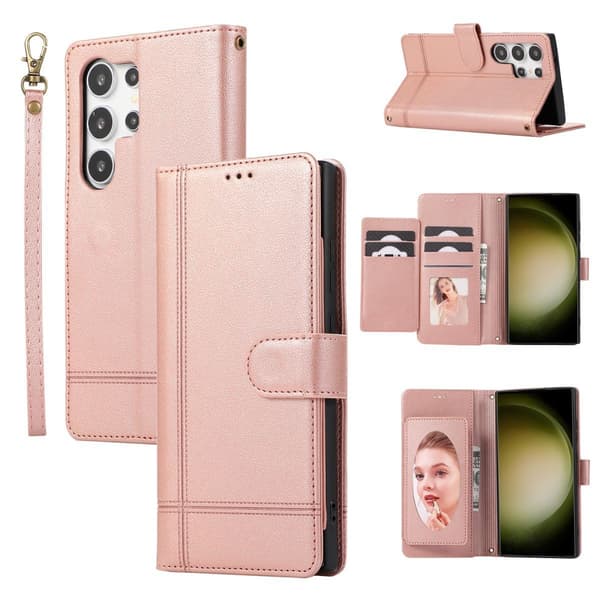 Etui til iPhone 13 mini rosegull armbånd solid multi kort mote lommebok multi funksjon ca