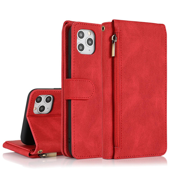 Etui til iPhone 13 mini rød læder med lynlås, multi-funktionel kortholder pung