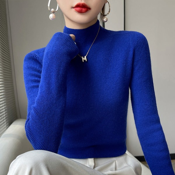 Kvinnor Stickad Höst Vinter Tröja Halv Turtleneck Cashmere Lös Cardigan Bottoming Skjorta Klein blue L