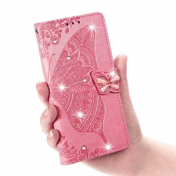 Etui til iPhone 15 Plus, rosa, boret 3D-blomst, sommerfugl, lær, diamantpreget disk